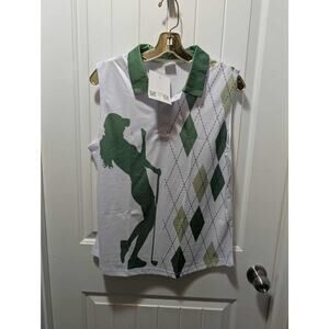 New! Queen Of The Green Sleeveless Collard Golf Shirt Women's M White Green